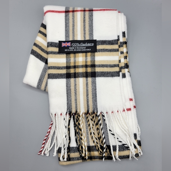 Accessories - New 100% Cashmere Scarf Made in Scotland White Black Tan Red Tartan Plaid Ne…